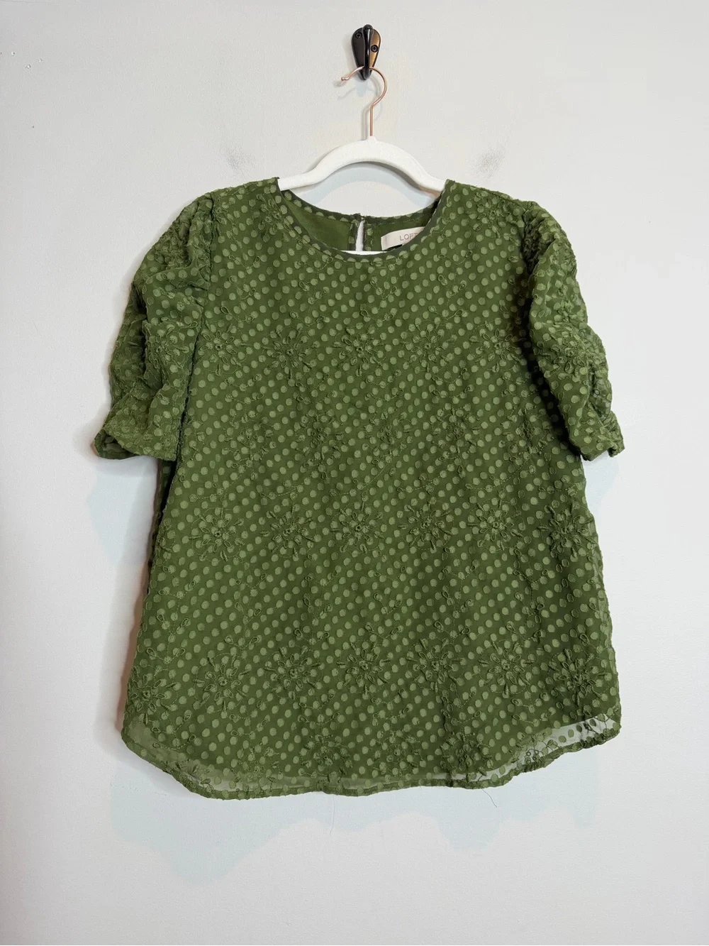 LOFT Olive Green Swiss Dot Floral Embroidered Puff Sleeve Blouse Large